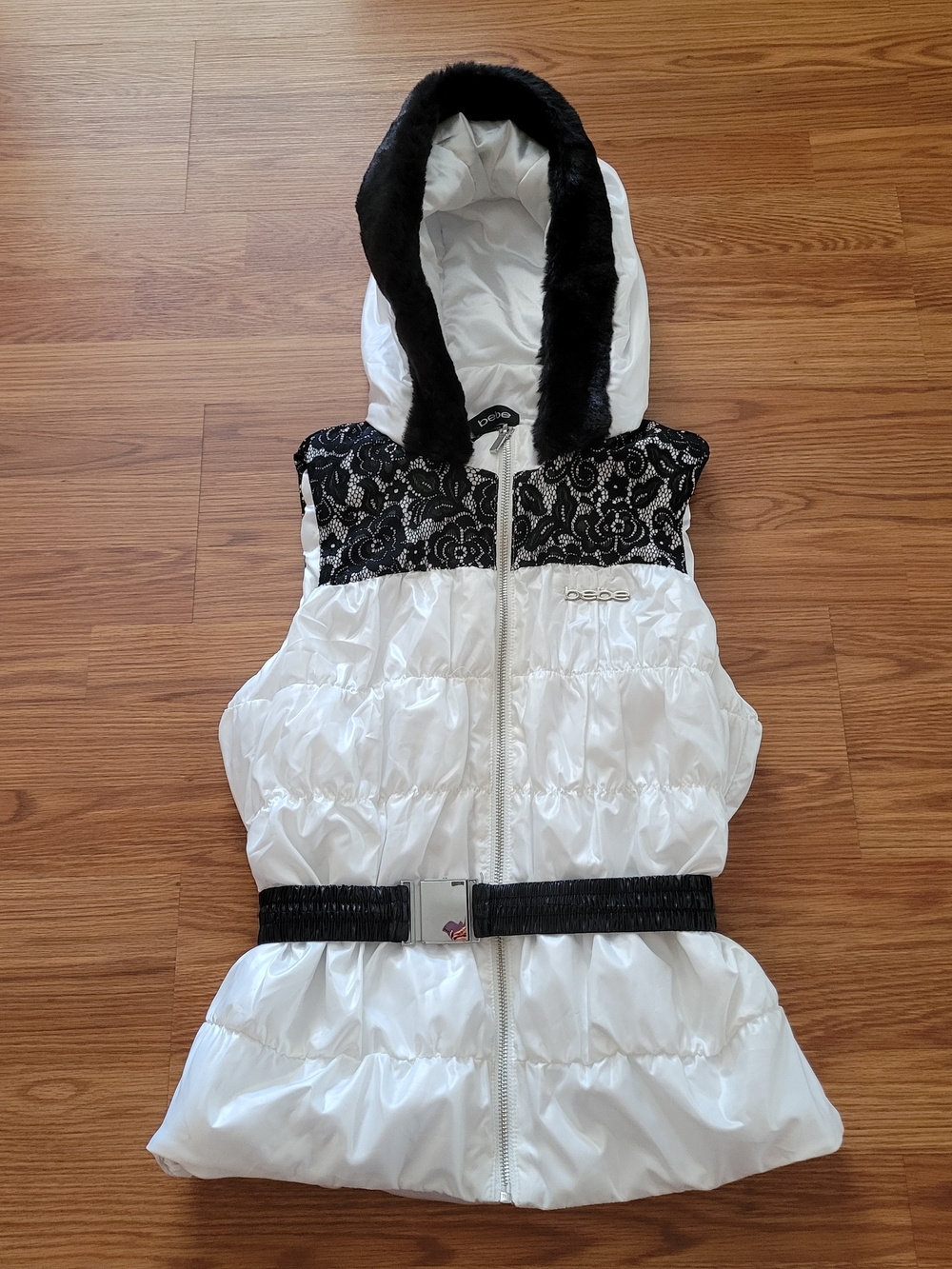 bebe Bonded Lace Puffer Hooded Vest with Black Lace and Faux Fur Trim